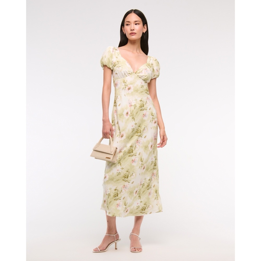 NEW Abercrombie & Fitch Floral Boho Puff Sleeve Midi Dress Size XL Tall Elegant